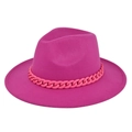 Detailed close-up of rose red fedora wool hat featuring a matching thick chain band decoration - M (56-58cm) / Rose Red