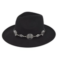 Detail of black wool fedora hat featuring an ornate silver vintage metal chain band - M(56-58cm) / Black