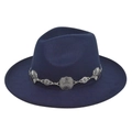 Classic navy blue wide brim wool fedora hat with vintage silver metal bohemian chain - M(56-58cm) / Navy Blue