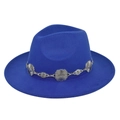 Detail of royal blue fedora hat with a decorative silver floral metallic hatband - M(56-58cm) / Blue