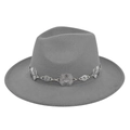 Detail of grey wool fedora hat featuring a vintage silver metal chain with floral patterns - M / Gray