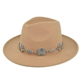 Close-up of camel felt fedora hat featuring a vintage silver metal decorative chain band - M / Khaki