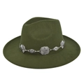 Detailed view of dark green wool fedora hat featuring a vintage silver metal chain band - M / Army Green