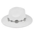 Detail of white wide brim fedora hat featuring silver sunburst flower chain decoration - M / White