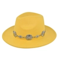 Detail of lemon yellow fedora hat with a decorative silver floral metal chain accessory - M / Yellow