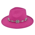 Detail of silver daisy chain decoration on the brim of a fuchsia fedora hat - M / Rose Red