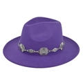 Close-up of a purple wide brim fedora hat with a silver floral metal chain decorative band - M / Purple