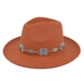 Detail of vintage wide brim wool fedora hat with ornate silver metal chain decoration - M / Rust red