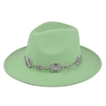 Detail of mint green fedora hat featuring a bohemian silver metal chain with floral engraving - M / Emerald Green
