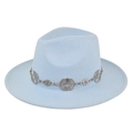 Detailed view of light blue fedora with silver floral engraved metal chain decoration - M / Sky Blue