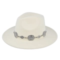Detailed texture of ivory wool felt wide brim hat with vintage silver metal chain link - M / Off White