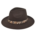 Detail of chocolate wool fedora featuring snake pattern band and golden metal buckle - M (56-58cm) / Coffee