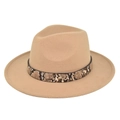 Detailed view of camel wool fedora with snake pattern band and golden rivet accent - M (56-58cm) / Khaki