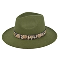 Detail of army green fedora wool felt hat with snake pattern belt and golden stud - M (56-58cm) / Army Green