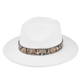 Close-up of white wide brim felt fedora with snake print leather band and gold stud detail - M (56-58cm) / White
