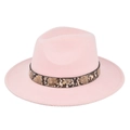 Detailed macro view of a pink felt fedora with a snake pattern band and gold metal stud - M (56-58cm) / Pink