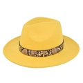 Detail of yellow wool fedora hat with snake pattern band and golden metallic stud - M (56-58cm) / Yellow