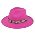 Close-up of fuchsia wool fedora hat featuring a snake print band and gold metal rivet - M (56-58cm) / Rose Red