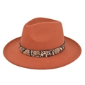 Detail of burnt orange fedora hat featuring snakeskin leather band and metallic stud - M (56-58cm) / Rust red