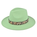 Close-up of mint green fedora wool felt hat featuring a snakeskin pattern leather band - M (56-58cm) / Verdant