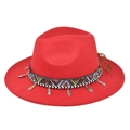 Red wool felt fedora hat with ethnic patterned ribbon and silver heart charms - Red