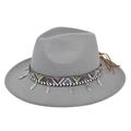 Detail of grey felt fedora featuring ethnic woven band and silver leaf pendant - Gray