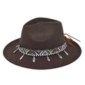 Detail of a brown fedora hat featuring an ethnic woven band and silver leaf charms - Coffee