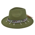 Detail of army green fedora with ethnic embroidery band and silver heart pendants - Army Green