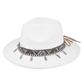 Detail of white felt fedora hat featuring ethnic woven band and silver leaf pendants - White