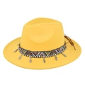 Detail of yellow wool fedora hat with ethnic patterned band and silver heart charms - Yellow
