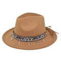 Detail of camel wide-brim felt hat with tribal woven band and silver heart pendants - Dark Khaki