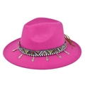 Detail of bright pink wool fedora featuring ethnic woven band and silver heart pendants - Rose Red