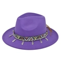 Detail of purple wool felt fedora with ethnic ribbon and silver heart charms - Purple