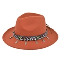 Detail of bohemian felt fedora with ethnic woven band and silver heart charms - Rust red