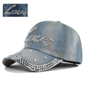 Detail of light blue denim baseball cap with rhinestone Love text and studded brim - Love Rhinestone Decoration / Light Blue - Love Style