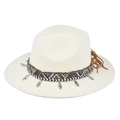 Detail of white wide brim fedora hat with ethnic woven band and heart charms with fringe - Off White