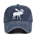 Detail of the white moose silhouette print on a navy washed denim vintage baseball cap - Adjustable / Navy Blue