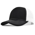 Side view of two-tone mesh trucker hat with contrast stitching on the black brim - Adjustable / Black/White Mesh