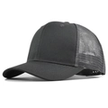 Detail of a breathable mesh back and adjustable strap on this classic black trucker hat - Adjustable / Dark Gray With Gray Mesh