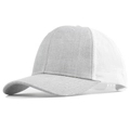 Detail view of a grey and white trucker hat featuring breathable mesh and curved brim - Adjustable / Light Gray White Mesh