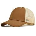 Detail view of brown and beige trucker hat with breathable mesh and adjustable snapback - Adjustable / Caramel color