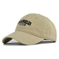 Detail view of khaki vintage washed baseball cap with black Los Angeles embroidery - Light Khaki