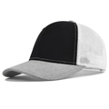 Close-up of tricolor mesh trucker hat with contrast stitching and breathable mesh back - Adjustable / Gray Patchwork With Black/White Mesh