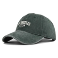 Detail view of deep green vintage washed cotton baseball cap with white embroidery - Army Green