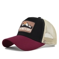 Detail of mountain embroidery on a tricolor mesh trucker hat with breathable fabric - Adjustable / Wine Red and Black