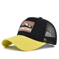 Detail of baseball mesh cap with mountain embroidery and yellow visor - Adjustable / Yellow Black Patchwork