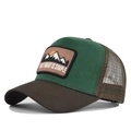Detail of mountain embroidery and mesh back on forest green and brown trucker hat - Adjustable / Coffee Splice Green