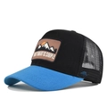 Side view of mountain embroidery on mesh trucker hat with contrast blue brim - Adjustable / Blue/Black