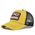 Detail showing the mountain embroidery and mesh back of the yellow trucker baseball cap - Adjustable / Yellow