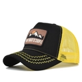 Detail of embroidered patch and wavy stitching on a mesh trucker baseball cap - Adjustable / Black Embroidery